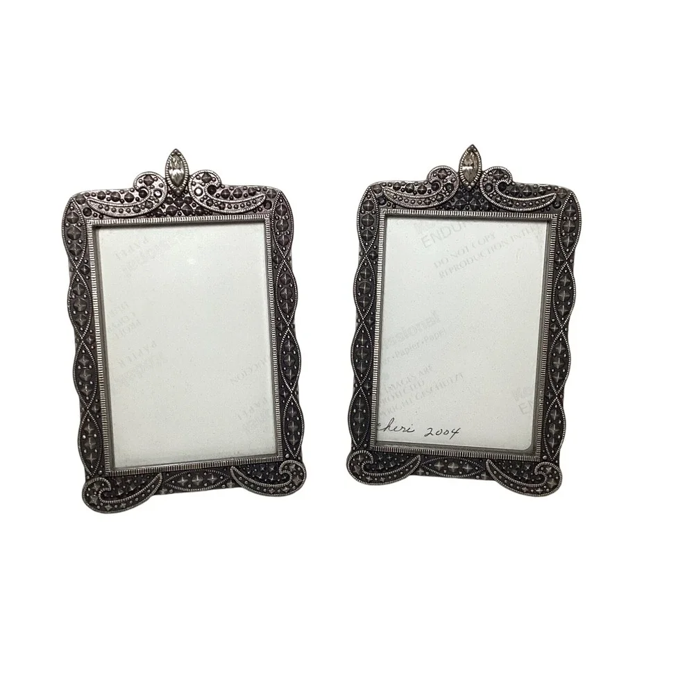 Vintage Style Marcasite Silver Tone Ornate Picture Frames Set 2 Rhinestone 2x3